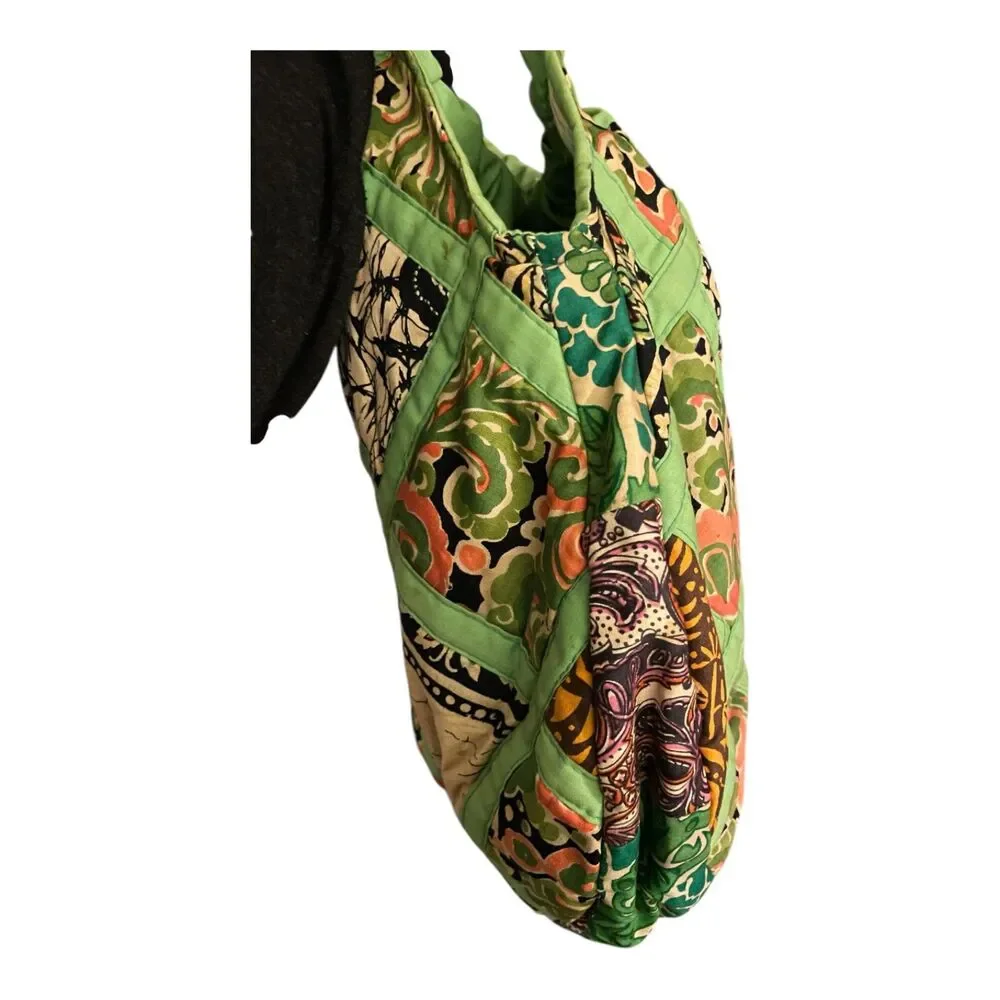 Vintage Handmade quilted patchwork hobo bag rattan handle water resistant lining